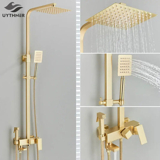Modern gold wall mounted rain shower system kit featuring a gold finished square uythner shower head with multiple spray settings