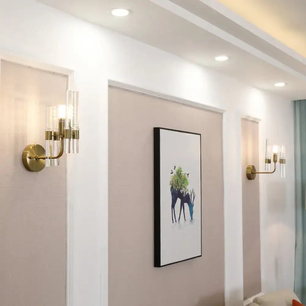 Modern gold wall sconce with brass finish and clear crystal pipe glass shades for hallway 220v-240v 110v-120v