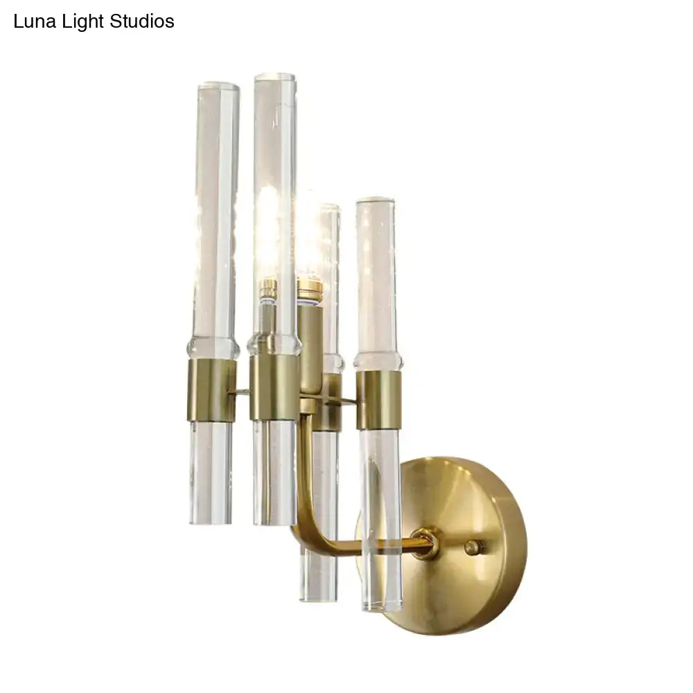 Modern gold wall sconce with brass finish and clear crystal pipe suitable for 220v-240v and 110v-120v hallway lighting