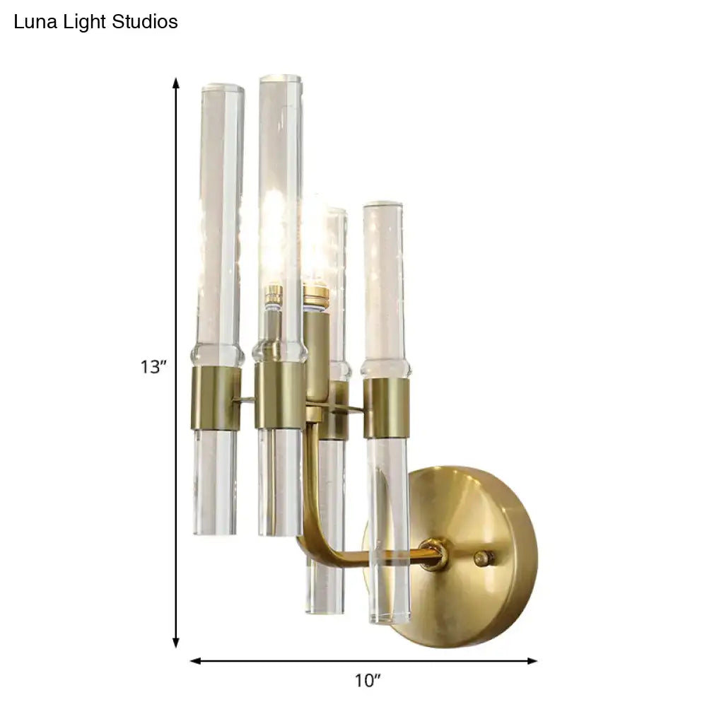 Modern gold wall sconce with brass finish and four clear crystal pipe tubes on circular mounting plate for hallway 220v-240v 110v-120v