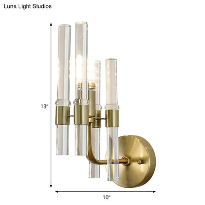 Modern gold wall sconce with brass finish and four clear crystal pipe tubes on circular mounting plate for hallway 220v-240v 110v-120v
