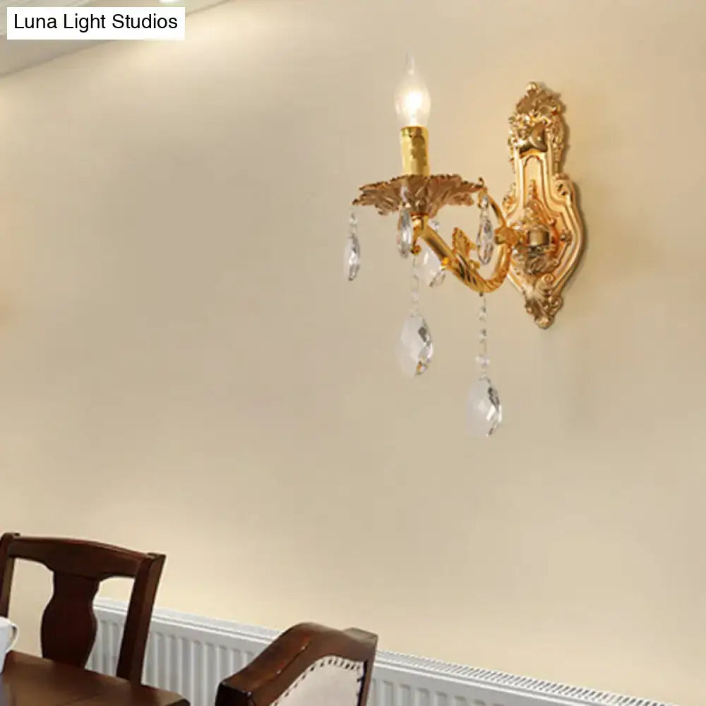 Modern gold wall sconce with crystal drops and e12 e14 bulbs ideal for bedroom candelabra lighting