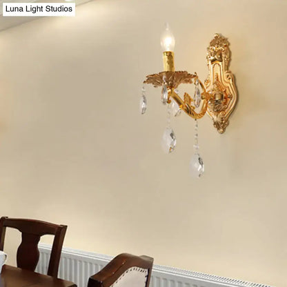 Modern gold wall sconce with crystal drops and e12 e14 bulbs ideal for bedroom candelabra lighting