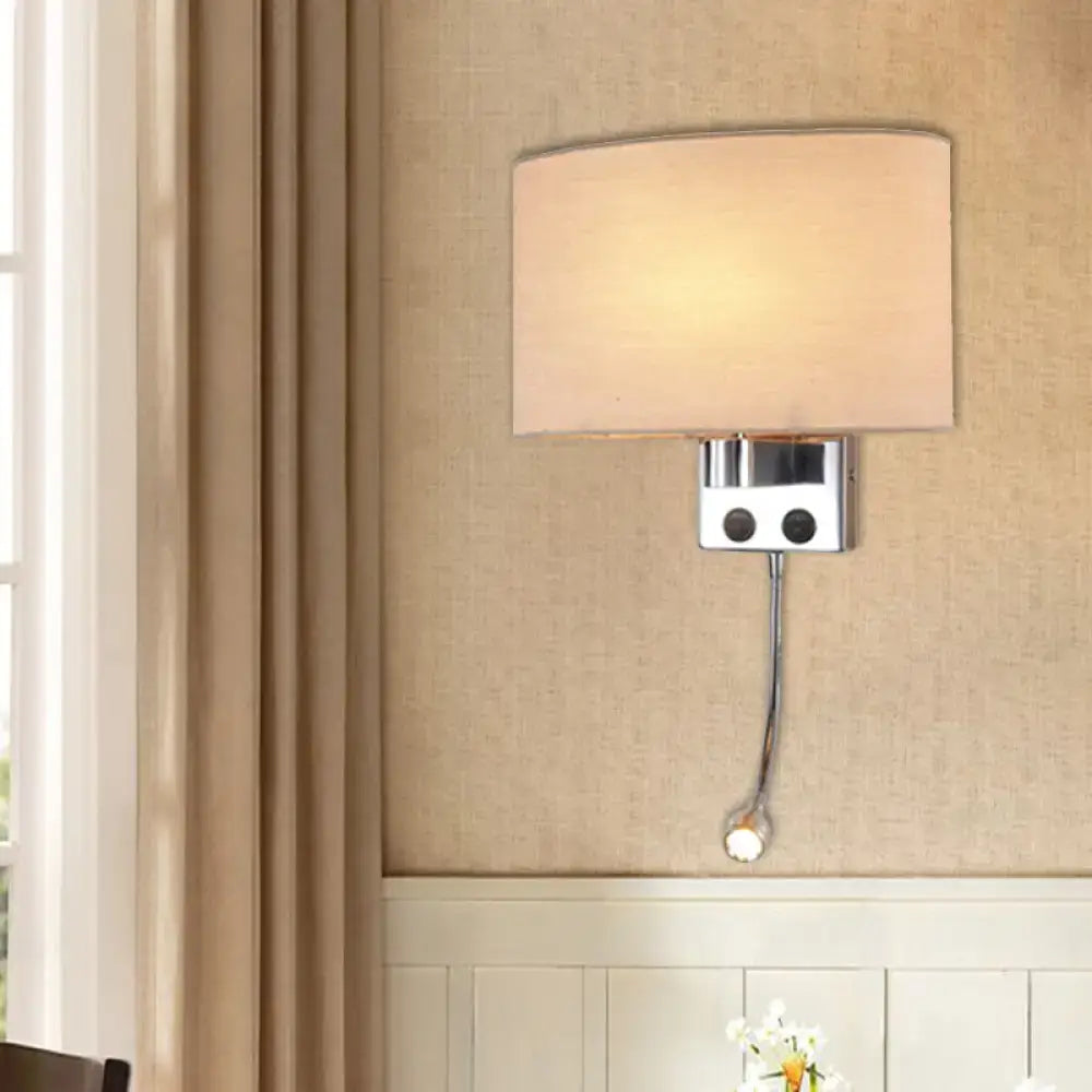 Modern gold wall sconce with fabric shade and chrome gooseneck reading light, approximately inches tall for bedroom use