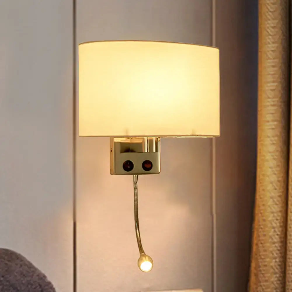 Modern gold wall sconce with fabric shade and adjustable reading light measures 12 inches tall for bedroom use