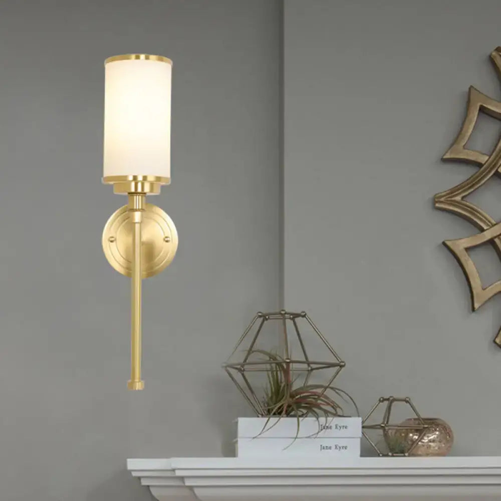Modern gold wall sconce with brass finish and milky glass cylindrical shade for living room 12 inch fixture