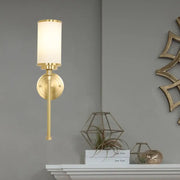 Modern gold wall sconce with brass finish and milky glass cylindrical shade for living room 12 inch fixture