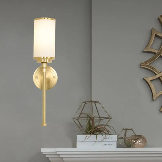 Modern gold wall sconce with brass finish and milky glass cylindrical shade for living room 12 inch fixture