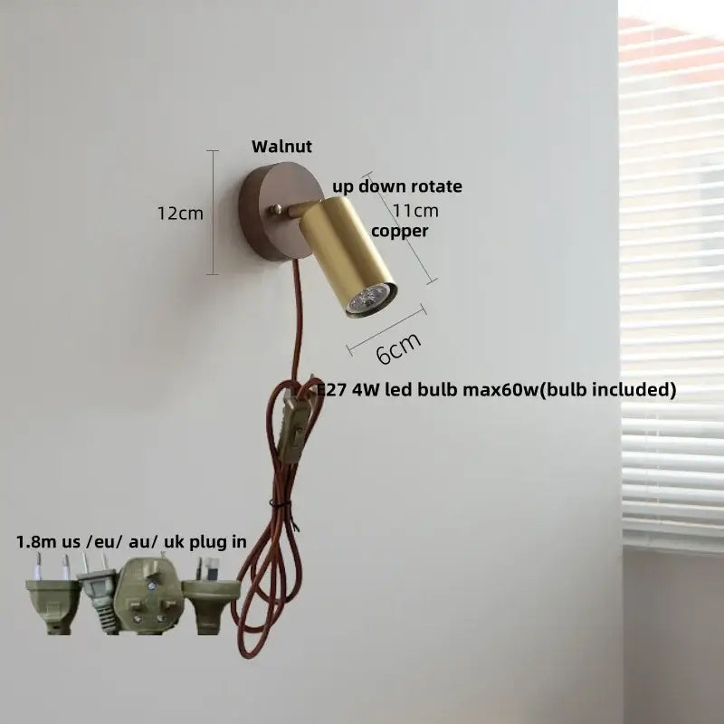 Modern gold walnut wall sconce with copper finish pull chain switch and adjustable 4w led bulb for bedroom lighting