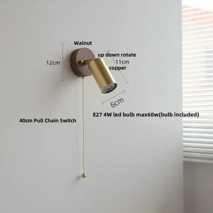 Modern gold wall sconce with copper spotlight, walnut wall plate, pull chain switch, and included e27 led bulb