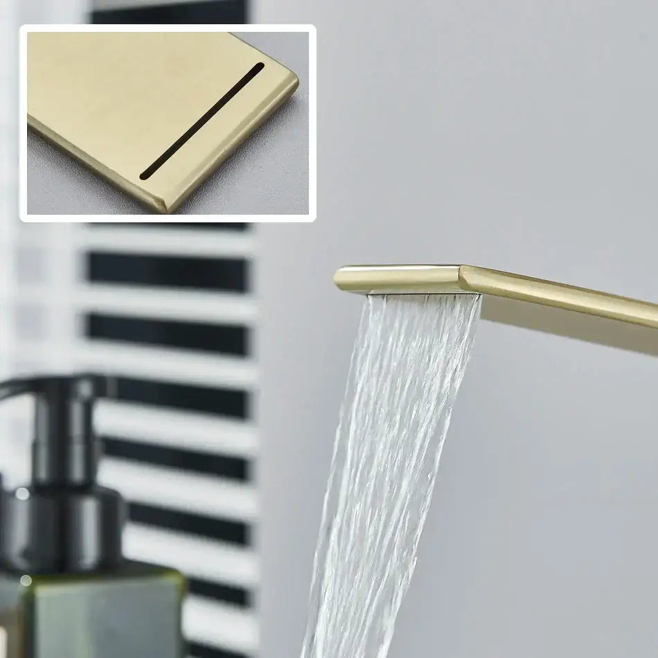 Modern gold waterfall basin faucet with brushed metal finish and sleek design by decorbites basin faucet for bathroom decor