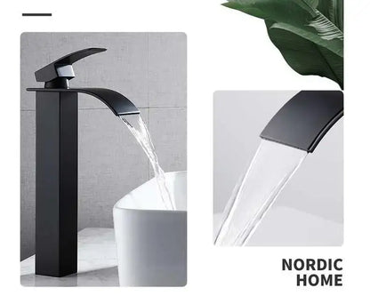 Black matte-finish modern basin faucet with sleek design contrasting decorbites gold waterfall basin features