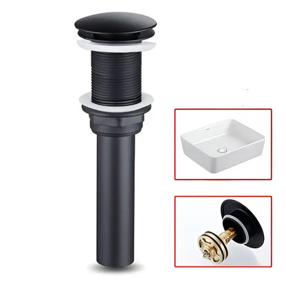 Black matte-finish bathroom sink drain with ribbed texture paired with decorbites gold waterfall basin faucet