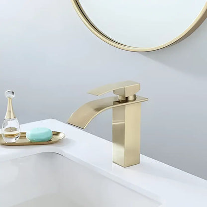 Modern gold waterfall basin faucet with gold-toned rectangular design and curved spout for bathroom decorbites gold waterfall
