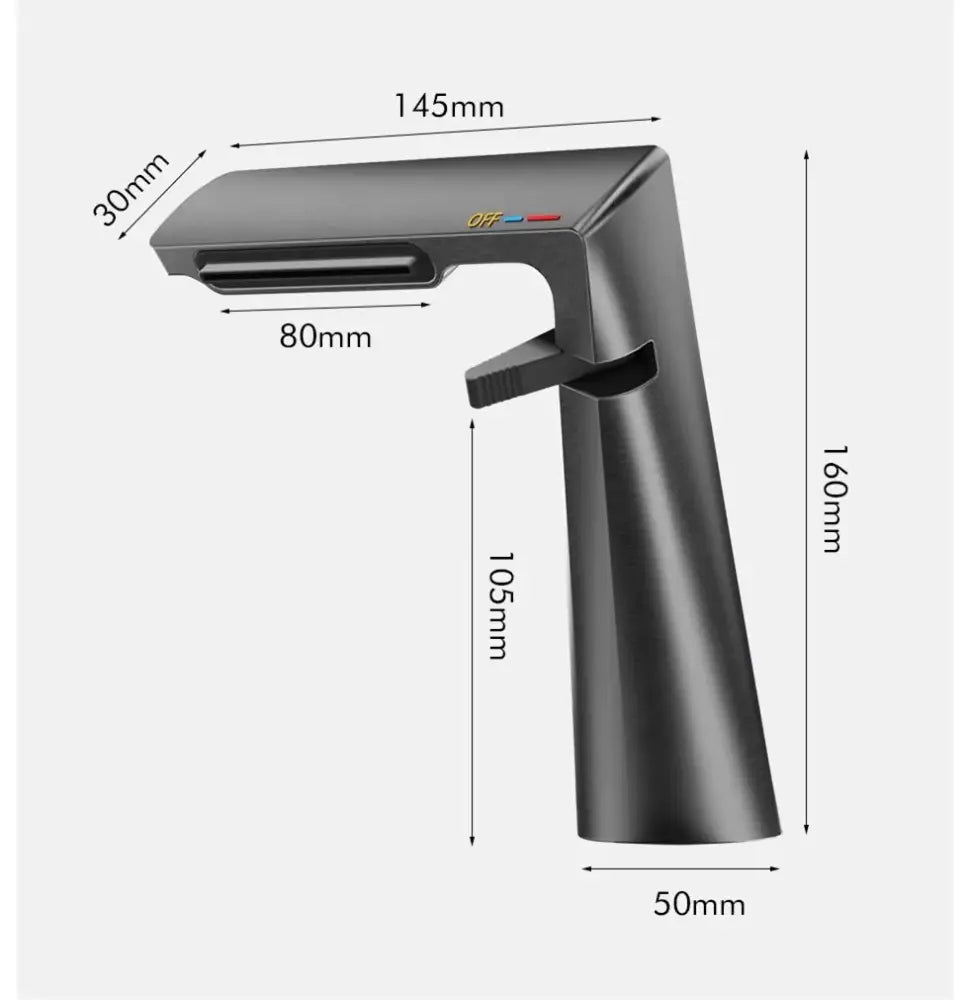 Modern gold waterfall basin faucet with matte black finish and integrated digital display showing off in yellow text