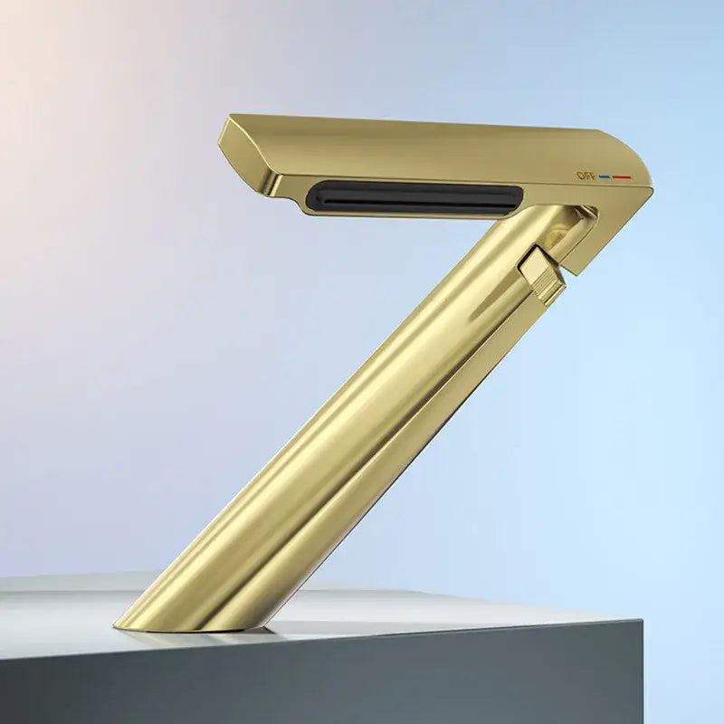 Modern gold waterfall basin faucet with single handle mixer tap in sleek brushed metal finish for bathroom use
