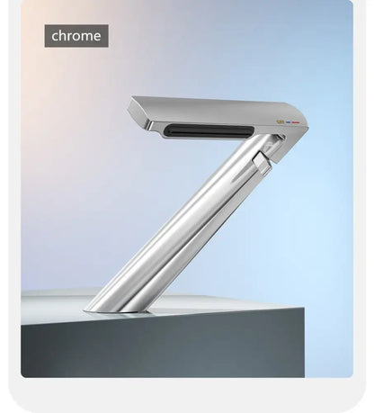 Chrome-finished sleek modern z-shaped basin faucet with decorbites gold waterfall design for bathroom use