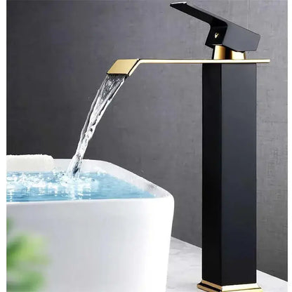Modern gold waterfall basin faucet featuring a sleek black and gold design for bathroom sink decorbites gold waterfall tap