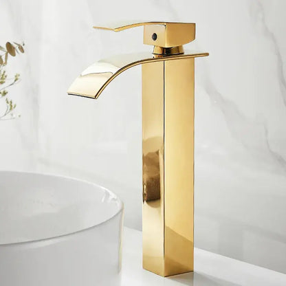 Modern gold waterfall basin faucet with sleek rectangular design and polished brass finish for bathroom decorbites gold waterfall
