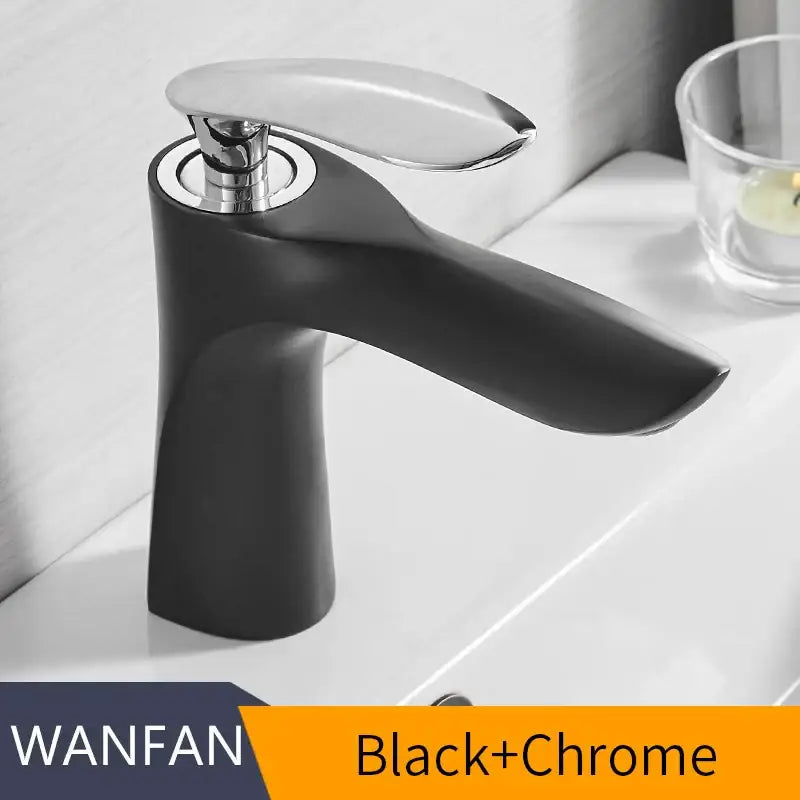 Modern gold waterfall bathroom faucet with black matte body and sleek chrome spout featuring minimalist design decorbites gold waterfall