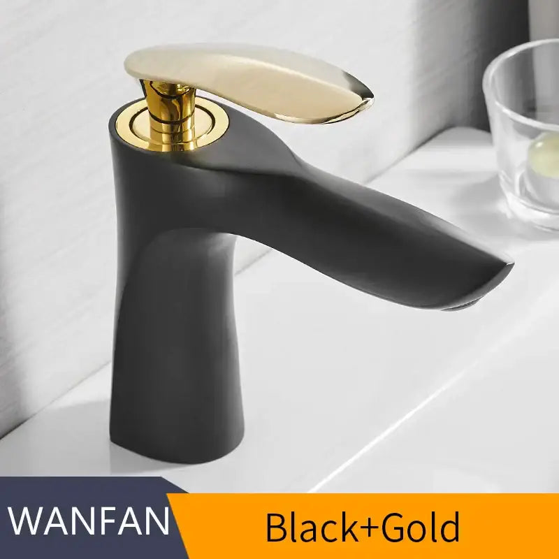 Modern gold waterfall bathroom faucet single handle basin tap in black and gold with sleek curved spout and polished brass handle decorbites gold waterfall