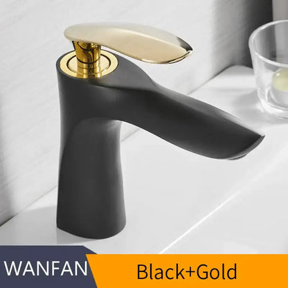 Modern gold waterfall bathroom faucet single handle basin tap in black and gold with sleek curved spout and polished brass handle decorbites gold waterfall
