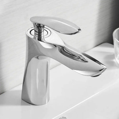 Modern chrome-finished single-handle bathroom faucet with sleek angular design for decorbites gold waterfall bathroom use