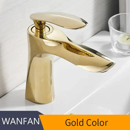 Modern gold waterfall bathroom faucet with single handle polished metallic finish for sleek decorbites gold waterfall design