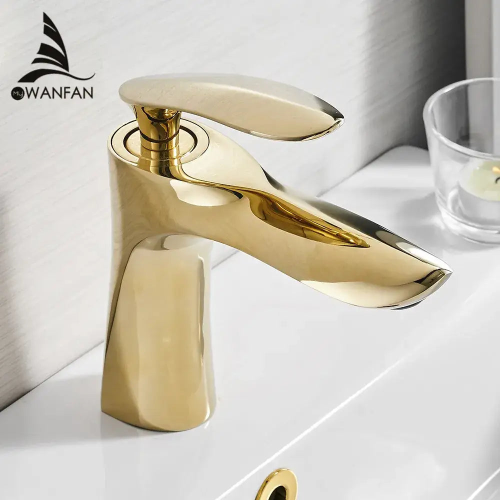 Modern gold waterfall bathroom faucet single handle basin tap with gold-finished sleek curved design decorbites gold waterfall