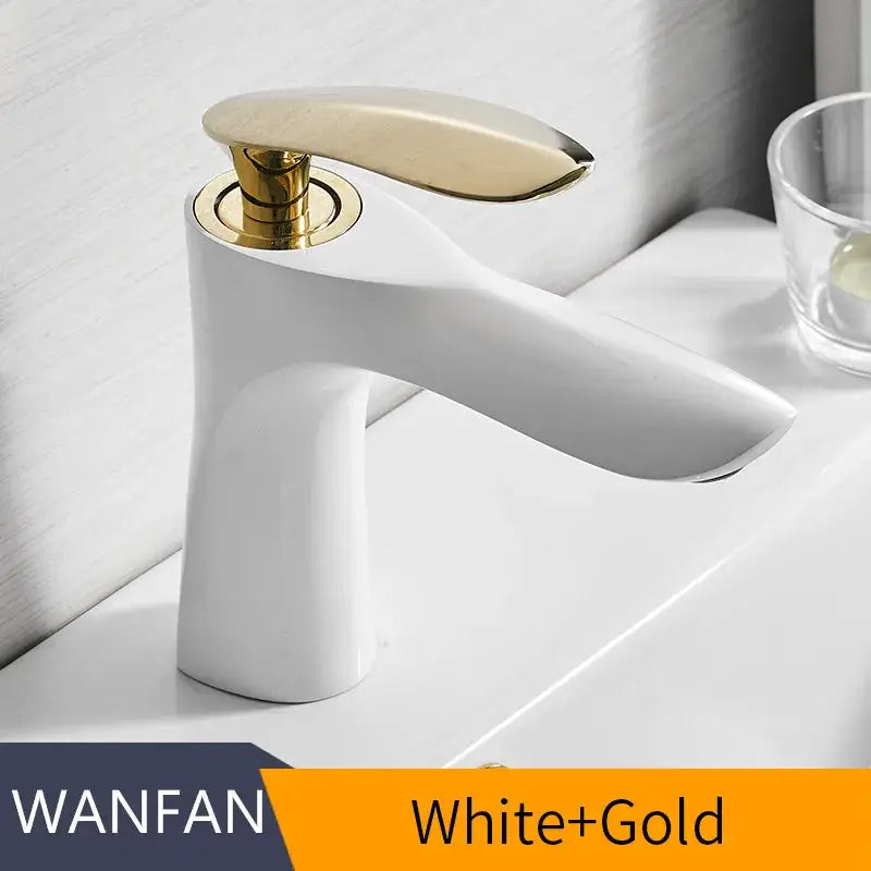 Modern gold waterfall bathroom faucet single handle basin tap in white and gold with sleek minimalist decorbites gold waterfall design