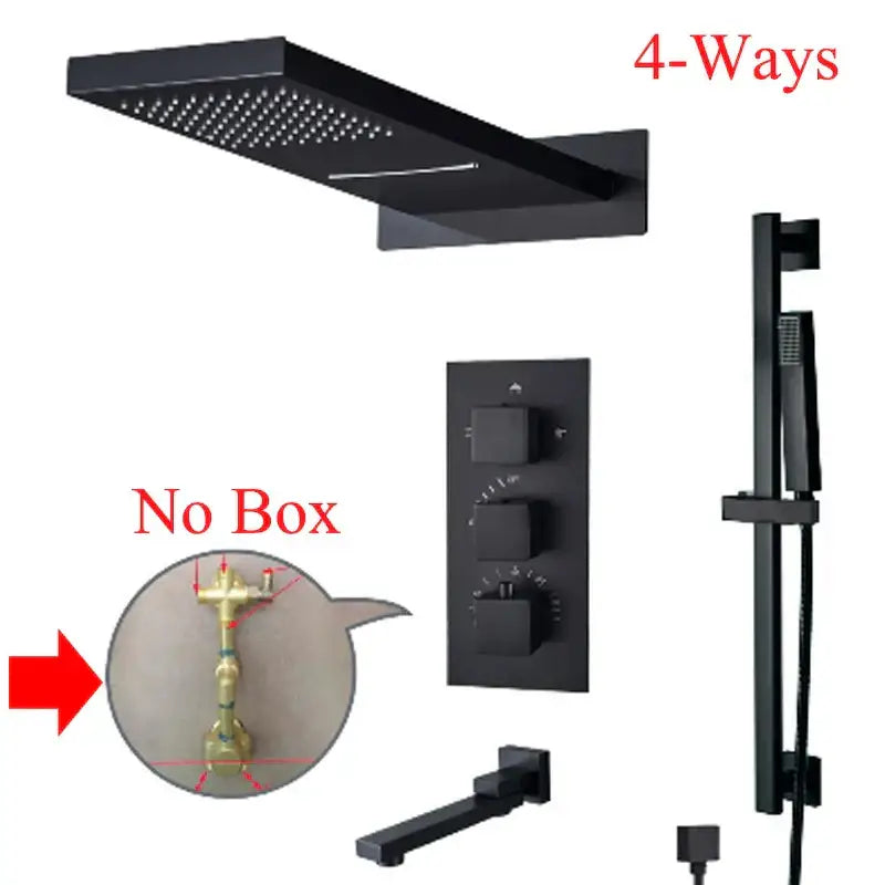 Black matte finish 4-way shower faucet set with rectangular rainhead wall-mounted control and handheld wand
