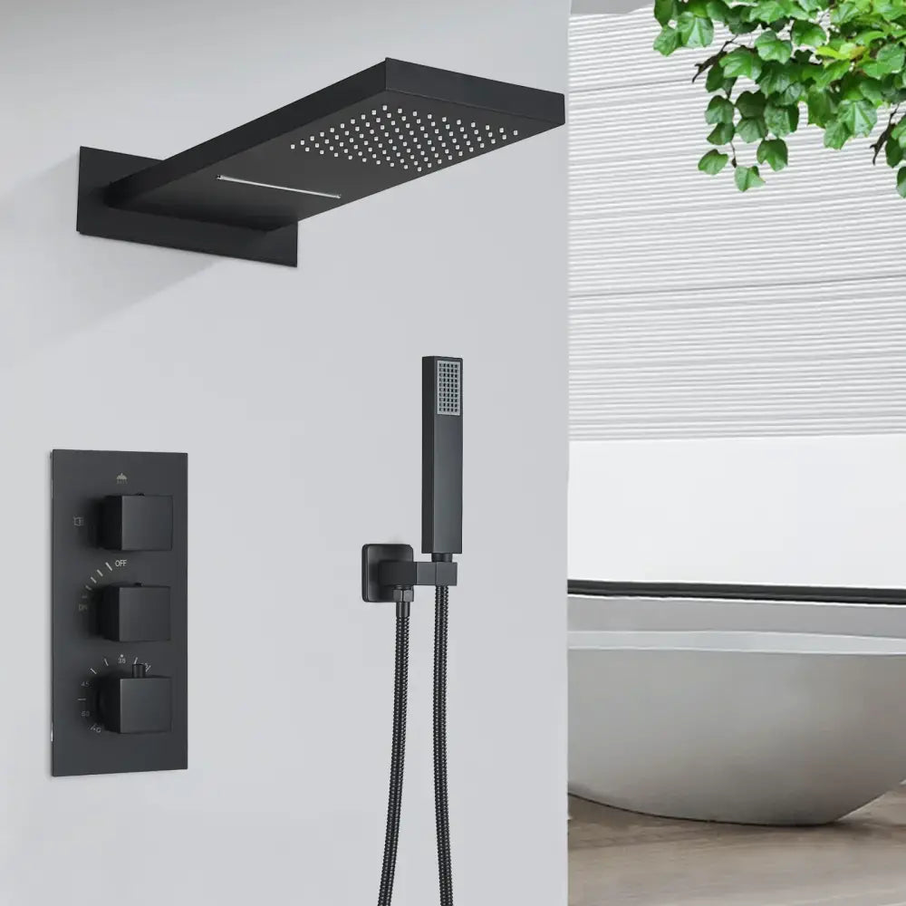 Black matte rectangular rain shower faucet set with integrated led lighting and matching handheld showerhead bathroom use