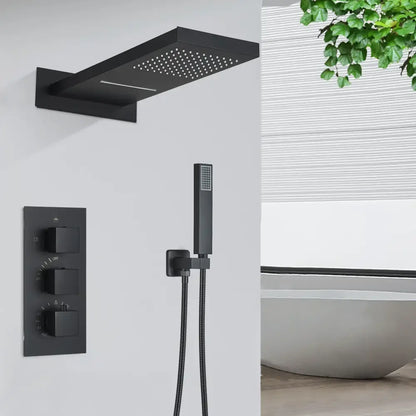 Black matte rectangular rain shower faucet set with integrated led lighting and matching handheld showerhead bathroom use