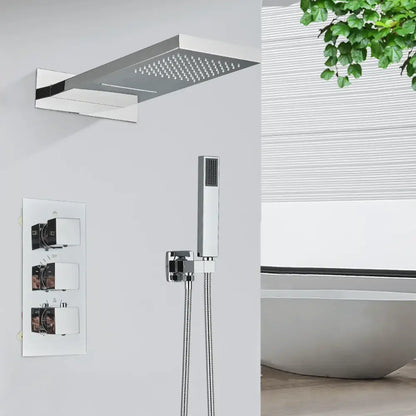Modern gold waterfall shower faucet set with chrome-finished rain shower head and handheld shower faucet set