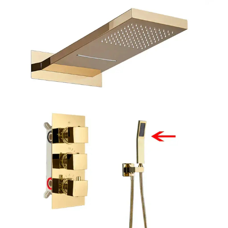 Modern gold waterfall shower faucet set with gold-finished rectangular rain shower head and multiple nozzles