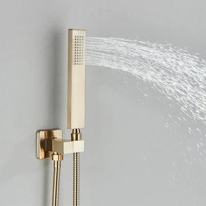 Modern gold waterfall shower faucet set with gold-finished rectangular showerhead and multiple spray nozzles wall mounted system