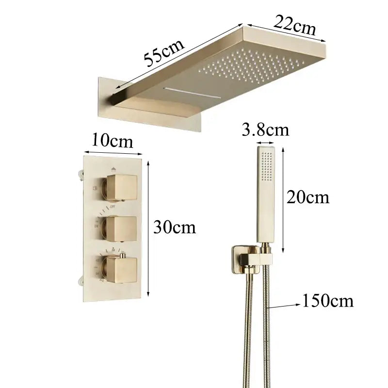 Modern brushed nickel shower faucet set featuring a 55cm rainhead, 30cm control panel, and handheld spray for bathroom use