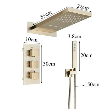 Modern brushed nickel shower faucet set featuring a 55cm rainhead, 30cm control panel, and handheld spray for bathroom use