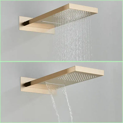 Modern gold-toned shower faucet set with rectangular shower head and dual spray modes for wall-mounted bathroom use