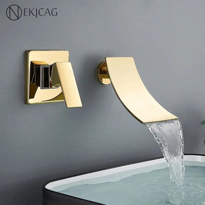 Modern gold waterfall wall mount faucet with sleek curved spout and square handle for bathroom basin mixer decorbites gold waterfall