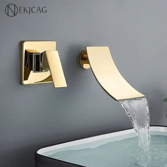 Modern gold waterfall wall mount faucet with sleek curved spout and square handle for bathroom basin mixer decorbites gold waterfall