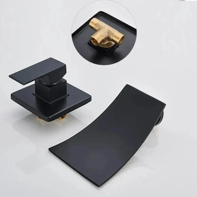 Modern gold waterfall wall mount faucet with black matte curved spout and brass fittings for decorbites gold waterfall decor