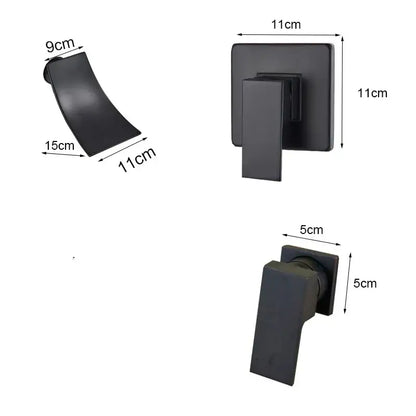 Modern gold waterfall wall mount faucet with black matte minimalist square and curved handles for bathroom basin mixer decorbites gold waterfall
