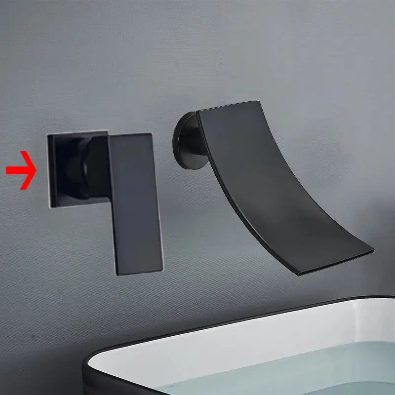 Black matte waterfall wall mount faucet with sleek curved spout and rectangular handle for decorbites gold waterfall decor