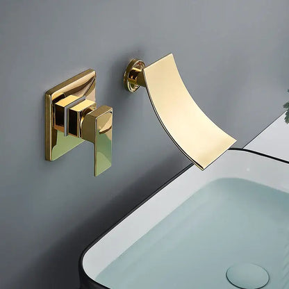 Modern gold waterfall wall mount faucet with brushed metallic finish for bathroom basin mixer decorbites gold waterfall