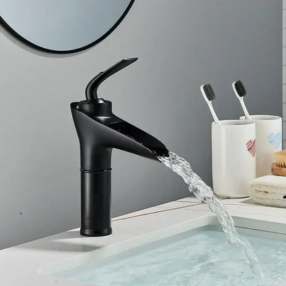 Black matte-finish basin faucet with sleek modern design contrasting decorbites gold waterfall wine glass basin faucet bathroom mixer