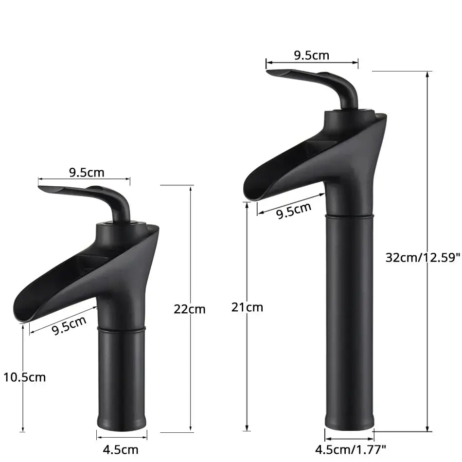 Black matte-finish modern basin faucet with sleek curved spout in decorbites gold waterfall wine glass design for bathroom