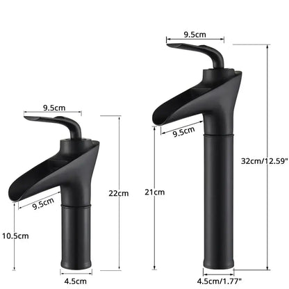 Black matte-finish modern basin faucet with sleek curved spout in decorbites gold waterfall wine glass design for bathroom