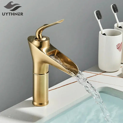 Modern gold waterfall wine glass basin faucet with sleek design and brushed metal finish decorbites gold waterfall