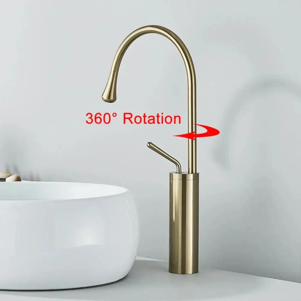 Modern gold waterfall wine glass basin faucet with sleek curved spout and cylindrical base by decorbites gold waterfall